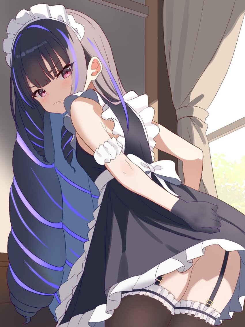 1girl, apron, arisu_oshiro, arm_garter, back_bow, black_dress, black_garter_straps, black_hair