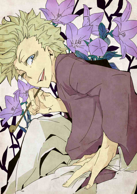 1boy, blonde_hair, blue_eyes, flower, holding, holding_smoking_pipe, japanese_clothes, kimono