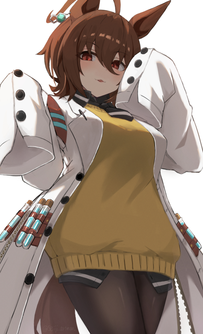 1girl, :3, agnes_tachyon_(tach-nology)_(umamusume), agnes_tachyon_(umamusume), ahoge, animal_ears, black_necktie, black_pantyhose