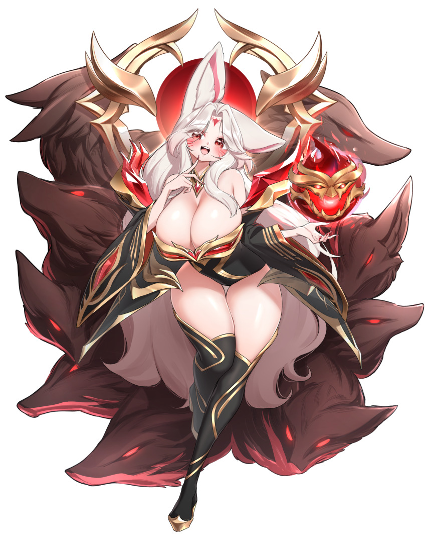 1girl, :d, absurdres, ahri_(league_of_legends), animal_ears, bare_shoulders, black_boots, blush, boots, breasts, cleavage, detached_sleeves, facial_mark, finger_to_mouth, fingernails, fox, fox_ears, fox_girl, highres, huge_breasts, immortalized_legend_ahri, league_of_legends, leotard, long_hair, looking_at_viewer, nail_polish, official_alternate_costume, open_mouth, red_eyes, red_nails, simple_background, smile, solo, thigh_boots, thigh_gap, thighs, very_long_hair, whisker_markings, white_background, white_hair, wide_sleeves, yabby