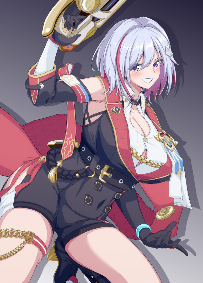 1girl, alternate_breast_size_(larger), arm_up, armpits, asymmetrical_gloves, bare_shoulders, blue_eyes, blush