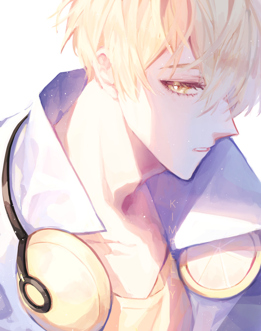 1boy, artist_name, blonde_hair, closed_mouth, cookie_run, cookie_run:_ovenbreak, headphones, headphones_around_neck