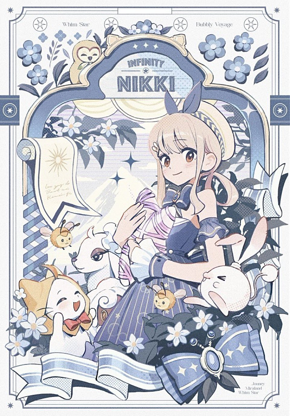 1girl, ^_^, animal, arms_up, bare_shoulders, bee, beret, bird