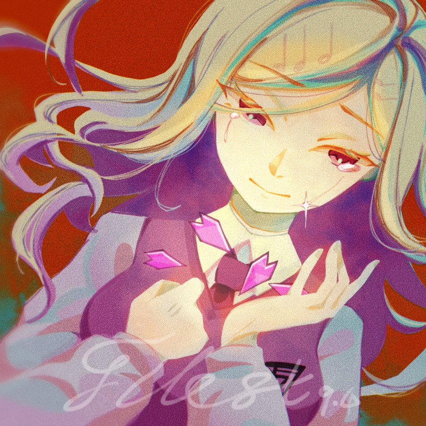 1girl, akamatsu_kaede, blonde_hair, breasts, bsyt41, clenched_hand, closed_mouth, collared_shirt