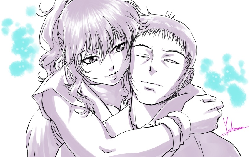 1boy, 1girl, basilisk_(manga), blue_background, breasts, brother_and_sister, cleavage, commentary