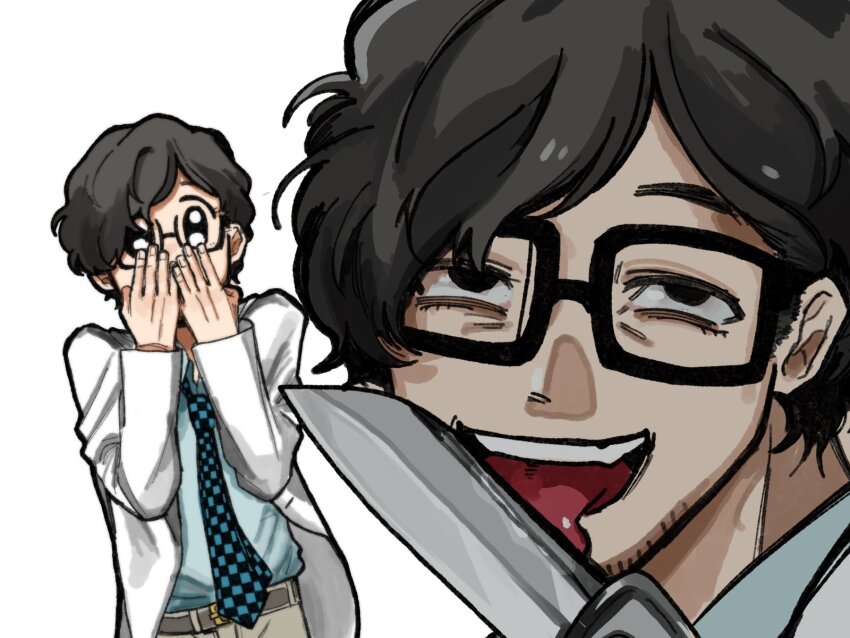 1boy, adachi_00000, beard_stubble, belt, black-framed_eyewear, black_eyes, blue_necktie, blue_shirt, brown_hair, brown_pants, checkered_necktie, coat, covering_own_mouth, facial_hair, glasses, hands_up, highres, licking, licking_blade, licking_weapon, male_focus, maruki_takuto, multiple_views, necktie, open_clothes, open_coat, pants, persona, persona_5, persona_5_the_royal, shirt, shirt_tucked_in, short_hair, simple_background, stubble, weapon, white_background, white_coat