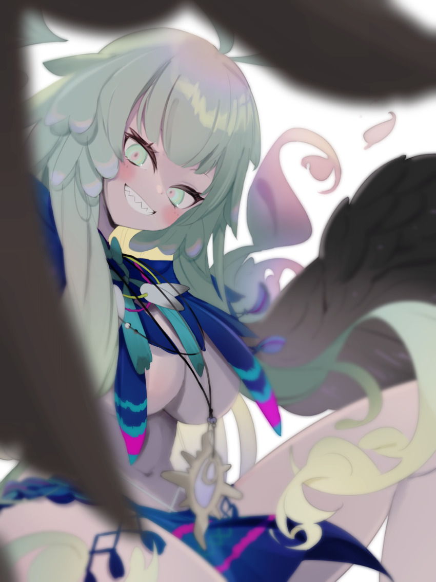 1girl, ahoge, blush, breasts, brown_feathers, brown_wings, commentary_request, fate/grand_order