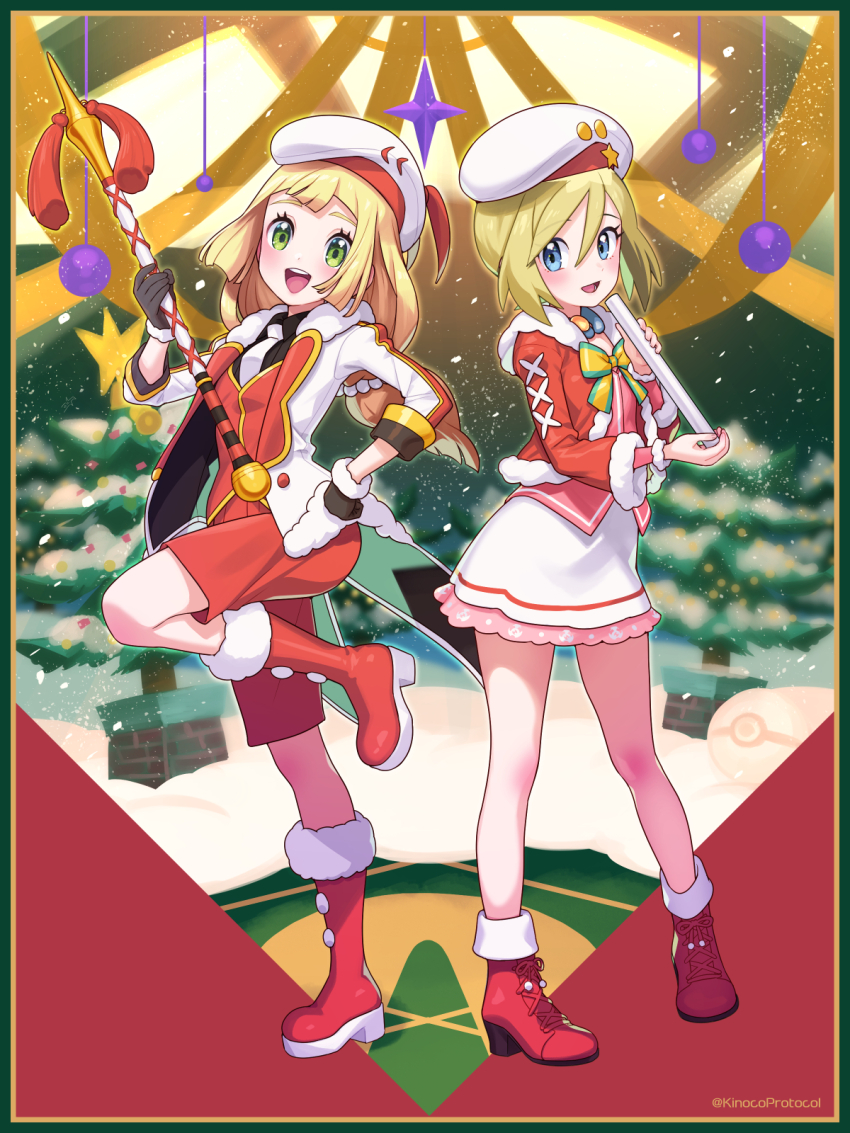 alternate_costume, artist_name, black_gloves, blonde_hair, blue_eyes, blush, boots, bugsy_(holiday_2024)_(pokemon), bugsy_(pokemon), bugsy_(pokemon)_(cosplay), commentary_request, cosplay, dress, flute, full_body, fur_trim, gloves, green_eyes, hat, highres, holding, holding_instrument, instrument, irida_(pokemon), jacket, jewelry, kinocopro, lillie_(holiday_2024)_(pokemon), lillie_(pokemon), long_hair, long_sleeves, looking_at_viewer, multiple_girls, musical_note, necktie, nintendo, official_alternate_costume, open_mouth, pokemon, pokemon_legends:_arceus, pokemon_masters_ex, recorder, red_footwear, ribbon, shirt, short_hair, shorts, skirt, smile, twitter_username, white_hat