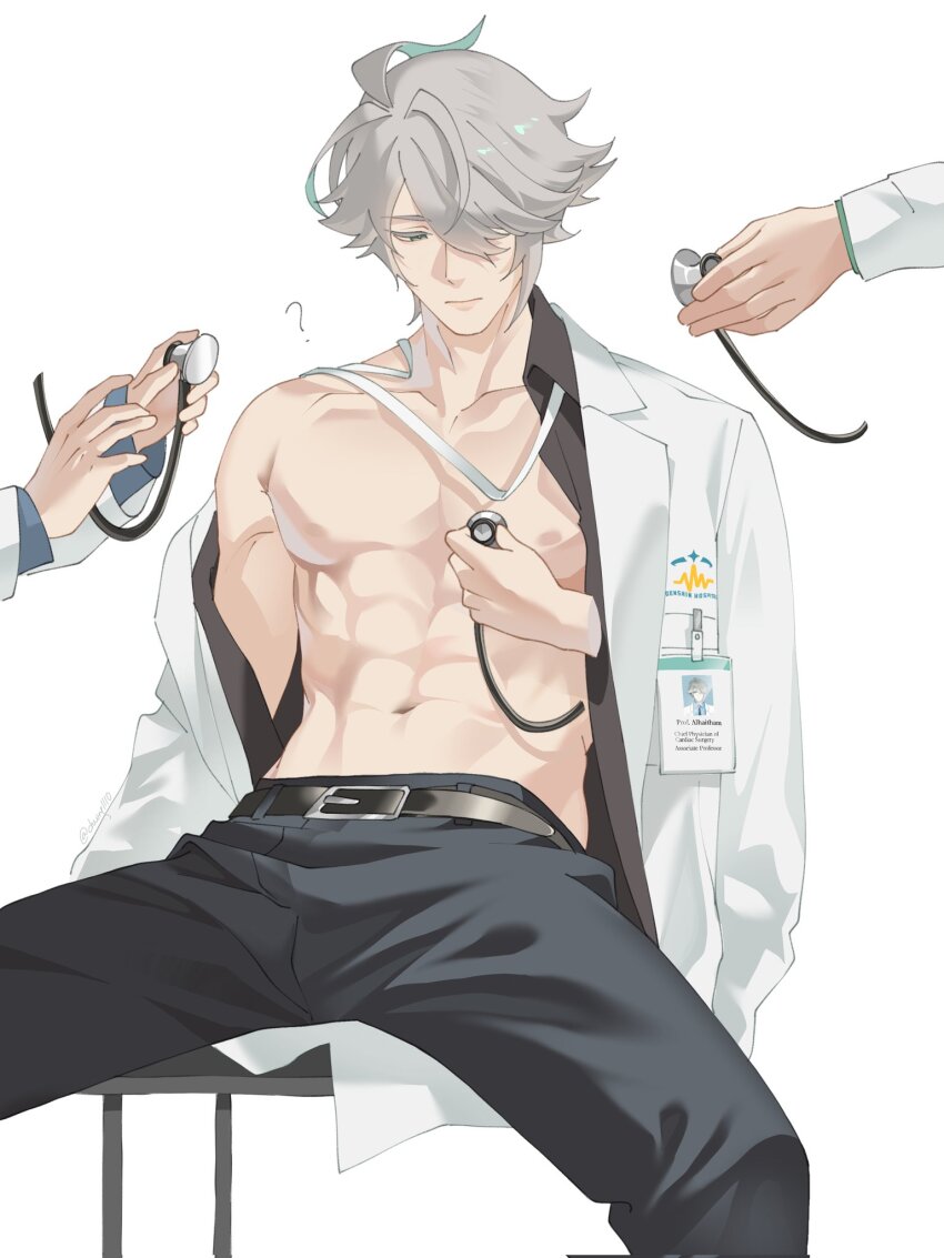 1boy, 3others, ?, abs, alhaitham_(genshin_impact), antenna_hair, artist_name, belt