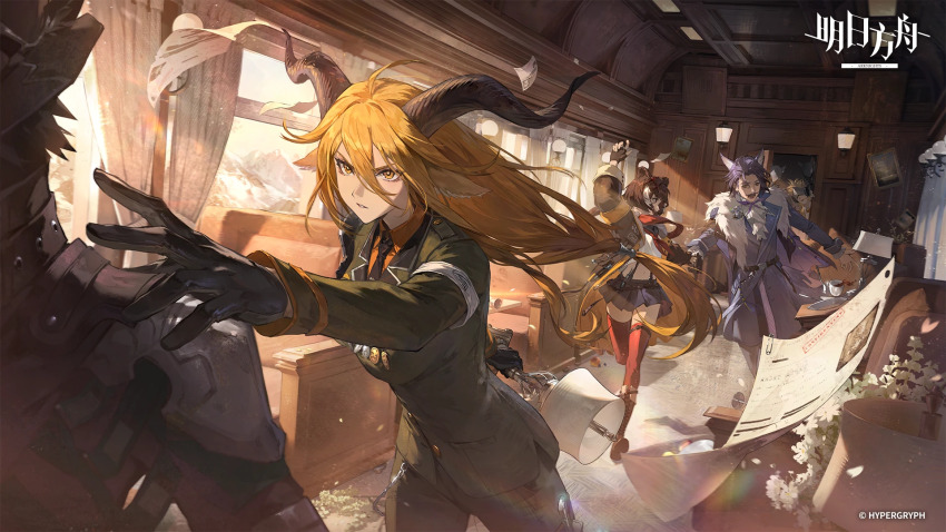 animal_ears, arknights, black_gloves, blonde_hair, brown_hair, coat, cup, degenbrecher_(arknights)