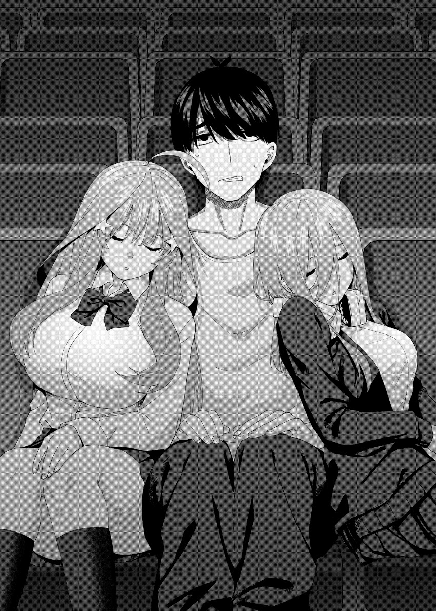 1boy, 2girls, absurdres, blazer, bow, bowtie, breasts, commentary_request