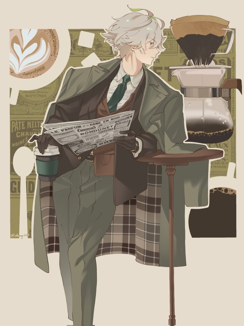 1boy, alhaitham_(genshin_impact), antenna_hair, artist_name, belt, belt_buckle, black_belt, black_gloves