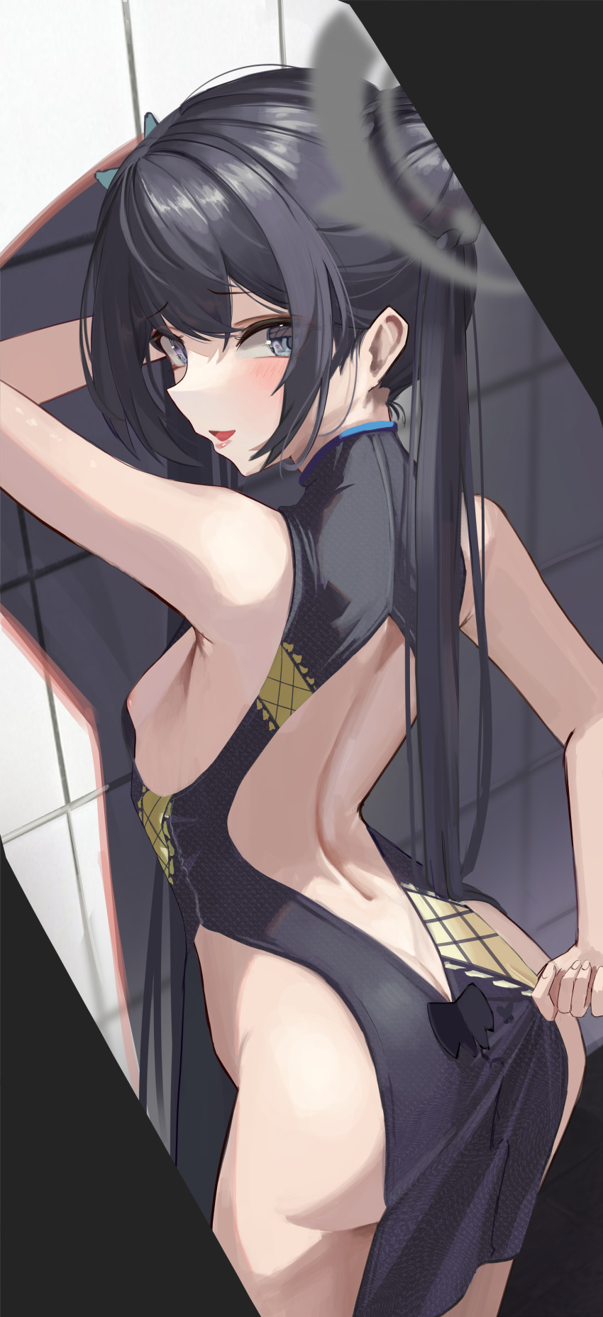 1girl, absurdres, areola_slip, back, back_cutout, banpen, black_dress, black_hair, blue_archive, braid, braided_bun, breasts, china_dress, chinese_clothes, clothing_cutout, commentary, double_bun, dragon_print, dress, from_behind, grey_eyes, grey_halo, hair_bun, halo, hand_up, highres, kisaki_(blue_archive), loli, looking_at_viewer, looking_back, pelvic_curtain, print_dress, sideboob, sleeveless_turtleneck_dress, small_breasts