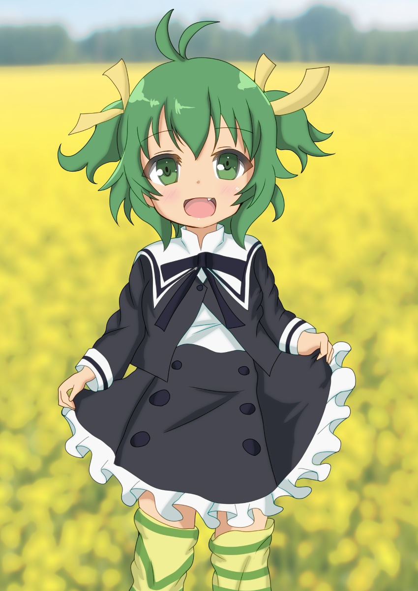 absurdres, age_regression, aged_down, assault_lily, child, double_bun, ebisu_nobu, green_eyes, green_hair, hair_bun, highres, looking_at_viewer, open_mouth, school_uniform, short_hair, smile, thighhighs, yoshimura_thi_mai, yurigaoka_girls_academy_school_uniform