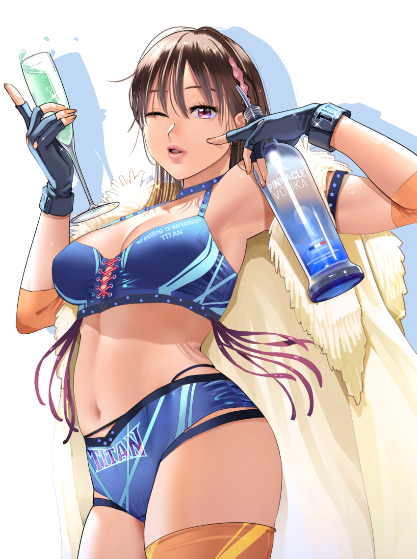 1girl, breasts, brown_hair, cape, character_request, cocktail_glass, cup, drinking_glass