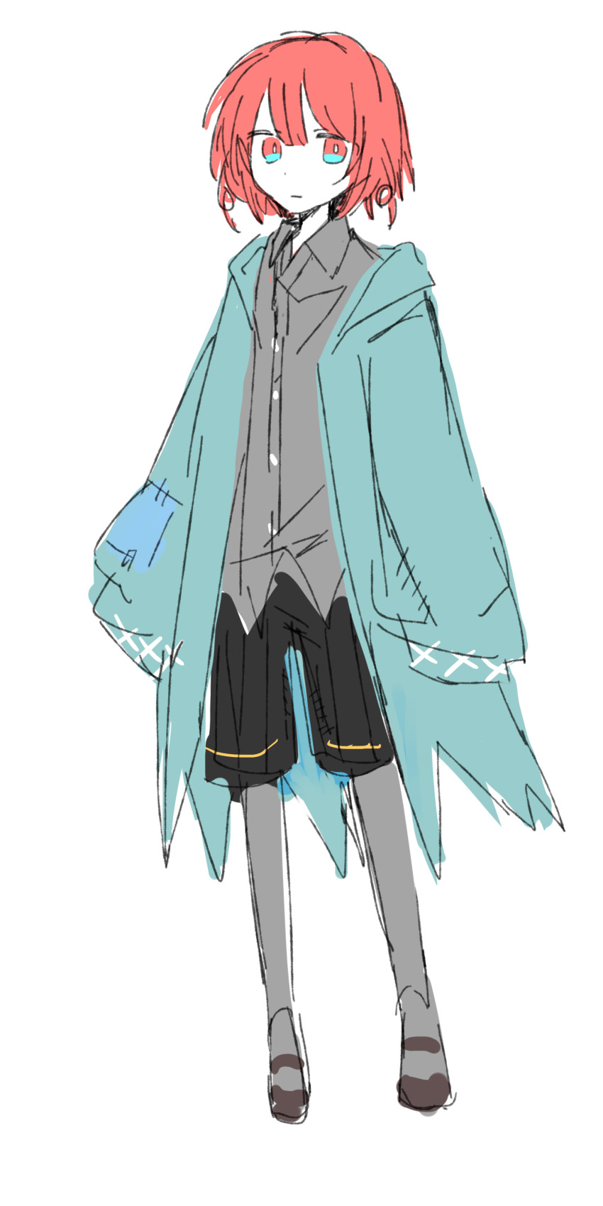 1girl, absurdres, arusechika, black_shorts, brown_footwear, closed_mouth, collared_shirt, commentary_request