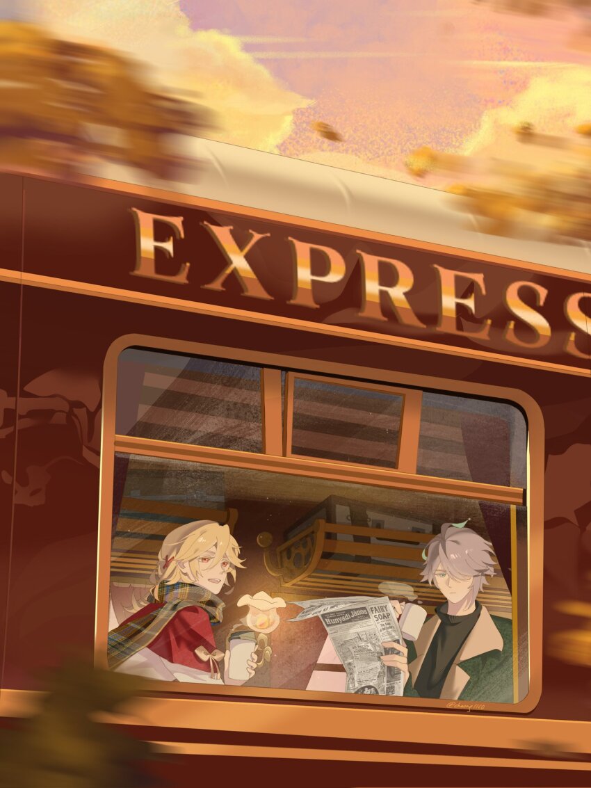 2boys, :d, alhaitham_(genshin_impact), antenna_hair, black_sweater, blonde_hair, blue_sky, blurry