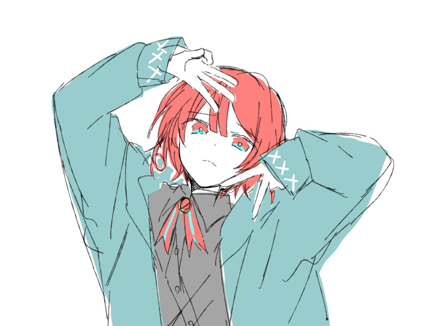 1girl, arms_up, arusechika, closed_mouth, collared_shirt, commentary_request, dot_nose, flat_color