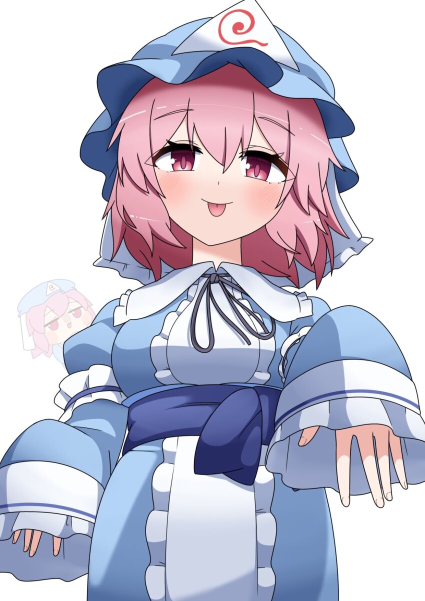 1girl, black_ribbon, blue_hat, blue_kimono, blue_sash, blush, center_frills, closed_mouth