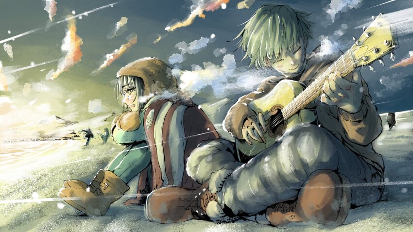 1boy, 1girl, black_hair, breath, brown_coat, brown_footwear, closed_eyes, coat