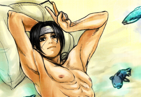 1boy, black_hair, fish, kuroichi, lowres, male_focus, naruto_(classic), naruto_(series), solo, uchiha_itachi, v