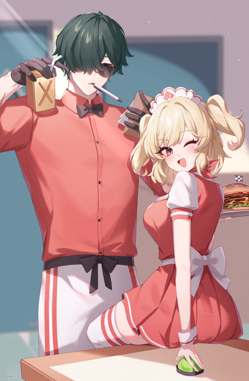 1boy, 1girl, absurdres, alternate_costume, black_bow, black_bowtie, black_gloves, blonde_hair