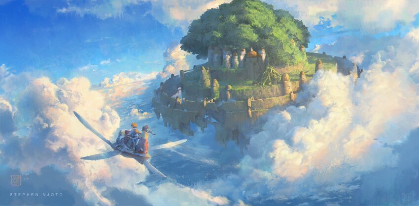 1boy, 1girl, above_clouds, artist_logo, artist_name, baggy_pants, bird, blue_pants, blue_sky, braid, brown_hair, brown_hat, brown_vest, building, castle, cloud, cloudy_sky, commentary, day, dome, flapter, floating_castle, floating_island, flying, giant_tree, hairband, hand_on_railing, hat, highres, holding, logo, long_hair, long_sleeves, looking_ahead, looking_to_the_side, low-braided_long_hair, low-tied_long_hair, outdoors, pants, pazu, plant_roots, puffy_short_sleeves, puffy_sleeves, red_hairband, red_pants, riding, ruins, scenery, sheeta, shirt, short_hair, short_sleeves, sky, standing, stephen_njoto, tenkuu_no_shiro_laputa, tree, twin_braids, twintails, vest, white_bird, white_shirt, wide_shot, yellow_shirt