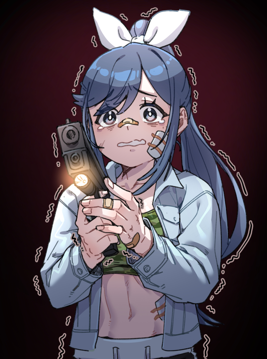 1girl, absurdres, bandaid, bandaid_on_face, bandaid_on_hand, bandaid_on_nose, blue_eyes, blue_hair