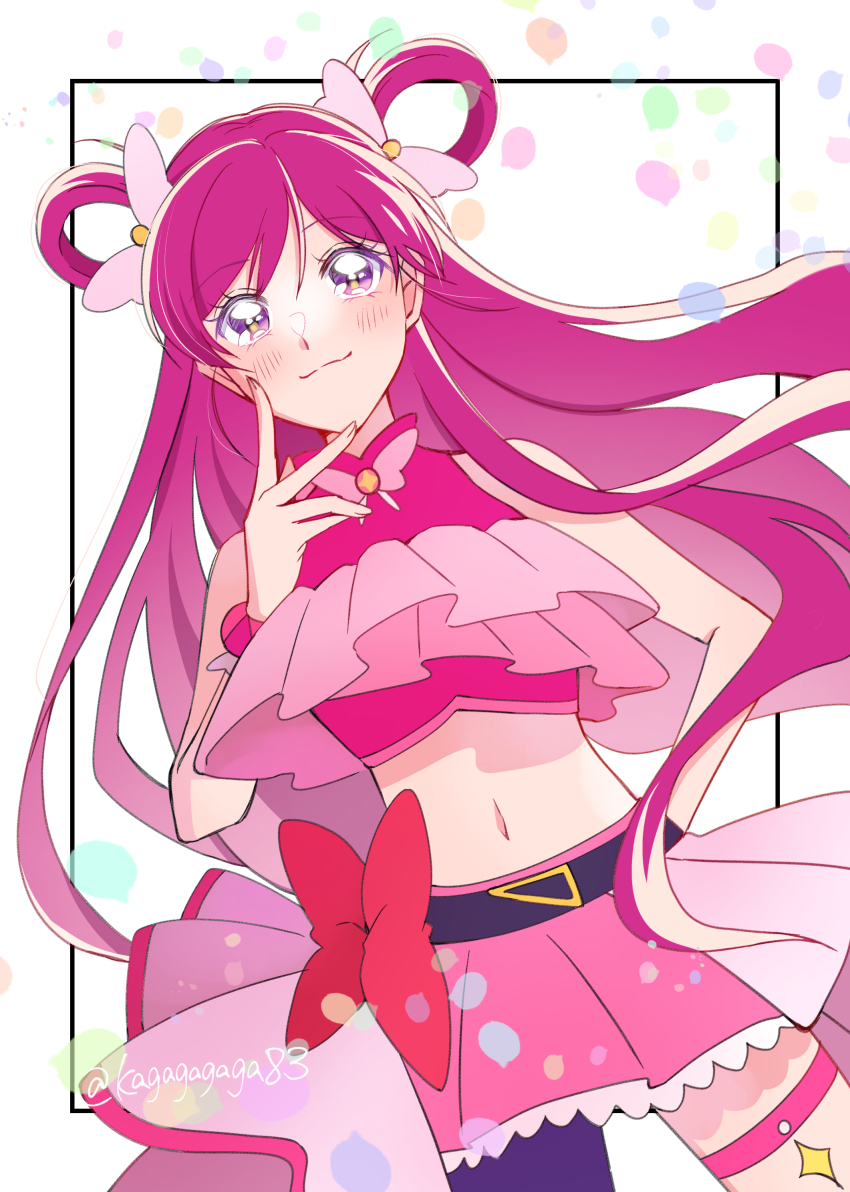 1girl, absurdres, belt, black_belt, black_thighhighs, blush, brooch, closed_mouth, cosplay, crop_top, cure_butterfly, cure_butterfly_(cosplay), cure_dream, hair_ribbon, hair_rings, highres, hirogaru_sky!_precure, jewelry, kagagagaga83, long_hair, magical_girl, midriff, navel, pink_eyes, pink_hair, pink_ribbon, pink_shirt, pink_skirt, precure, ribbon, shirt, single_thighhigh, skirt, solo, thighhighs, twitter_username, wing_brooch, wrist_cuffs, yes!_precure_5, yumehara_nozomi