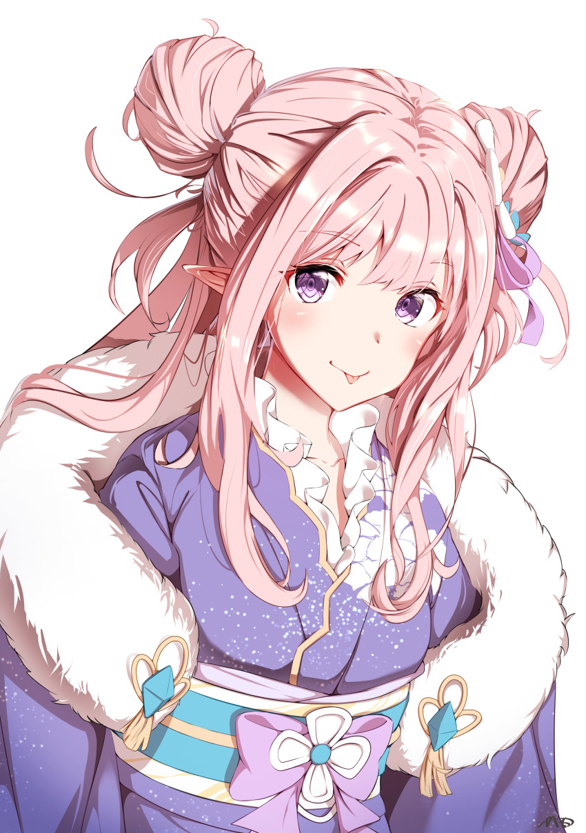 1girl, absurdres, blush, elf, feathermage, hair_bun, hair_ribbon, hatsune_(new_year)_(princess_connect!)