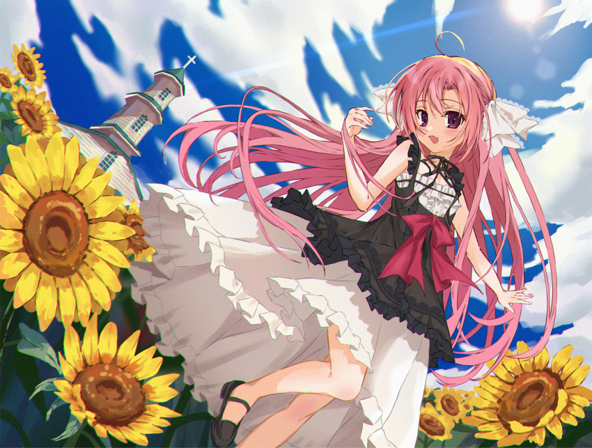 1girl, :d, ahoge, bare_arms, bare_shoulders, black_choker, black_dress, black_shoes