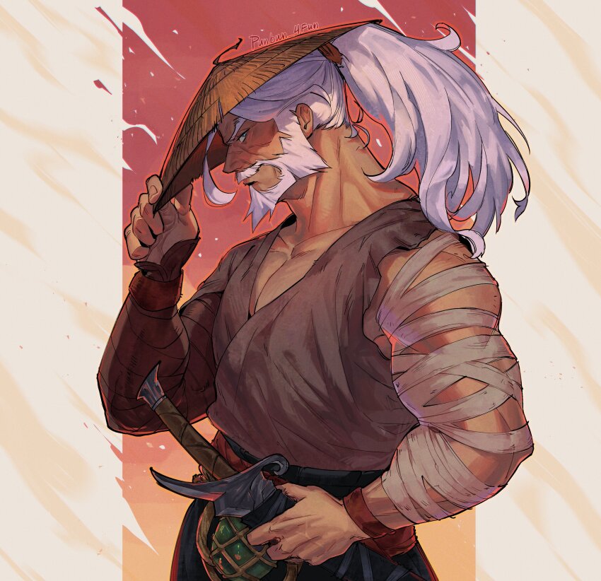 1boy, absurdres, aged_up, ajirogasa, alternate_muscle_size, aqua_eyes, bandaged_arm, bandages