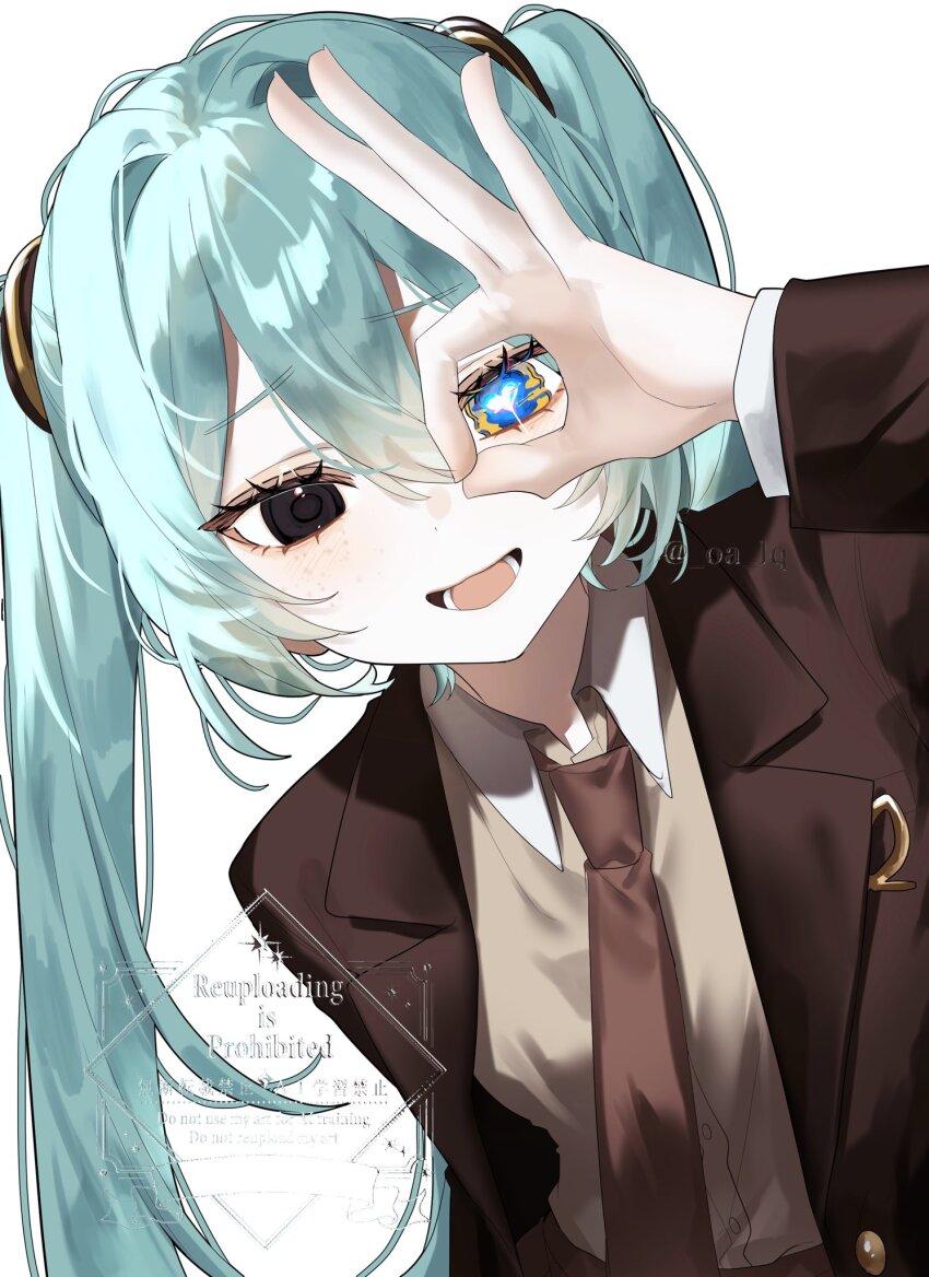 1girl, :d, aqua_hair, black_eyes, blazer, blue_eyes, bright_pupils, brown_jacket, brown_necktie, brown_vest, distortion, double-parted_bangs, frown, hair_between_eyes, hair_intakes, hand_up, hatsune_miku, heart, heart-shaped_pupils, heterochromia, highres, hijisk, jacket, lapels, leaning_to_the_side, long_hair, long_sleeves, looking_at_viewer, lower_teeth_only, monitoring_(vocaloid), necktie, notched_lapels, ok_sign, open_mouth, school_uniform, simple_background, smile, solo, symbol-shaped_pupils, teeth, twintails, upper_body, vest, vocaloid, watermark, white_background, white_pupils, wing_collar, winter_uniform