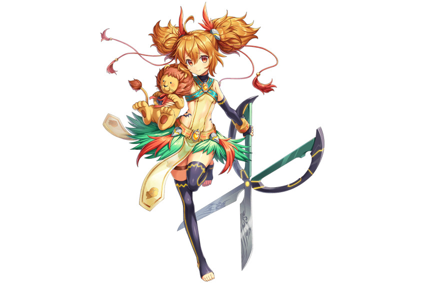 1girl, artist_request, barefoot, breasts, covered_navel, cybele_(kamihime_project), full_body, holding, holding_stuffed_toy, holding_weapon, kamihime_project, official_art, orange_hair, red_eyes, scissors, sideboob, stuffed_animal, stuffed_toy, third-party_source, transparent_background, weapon