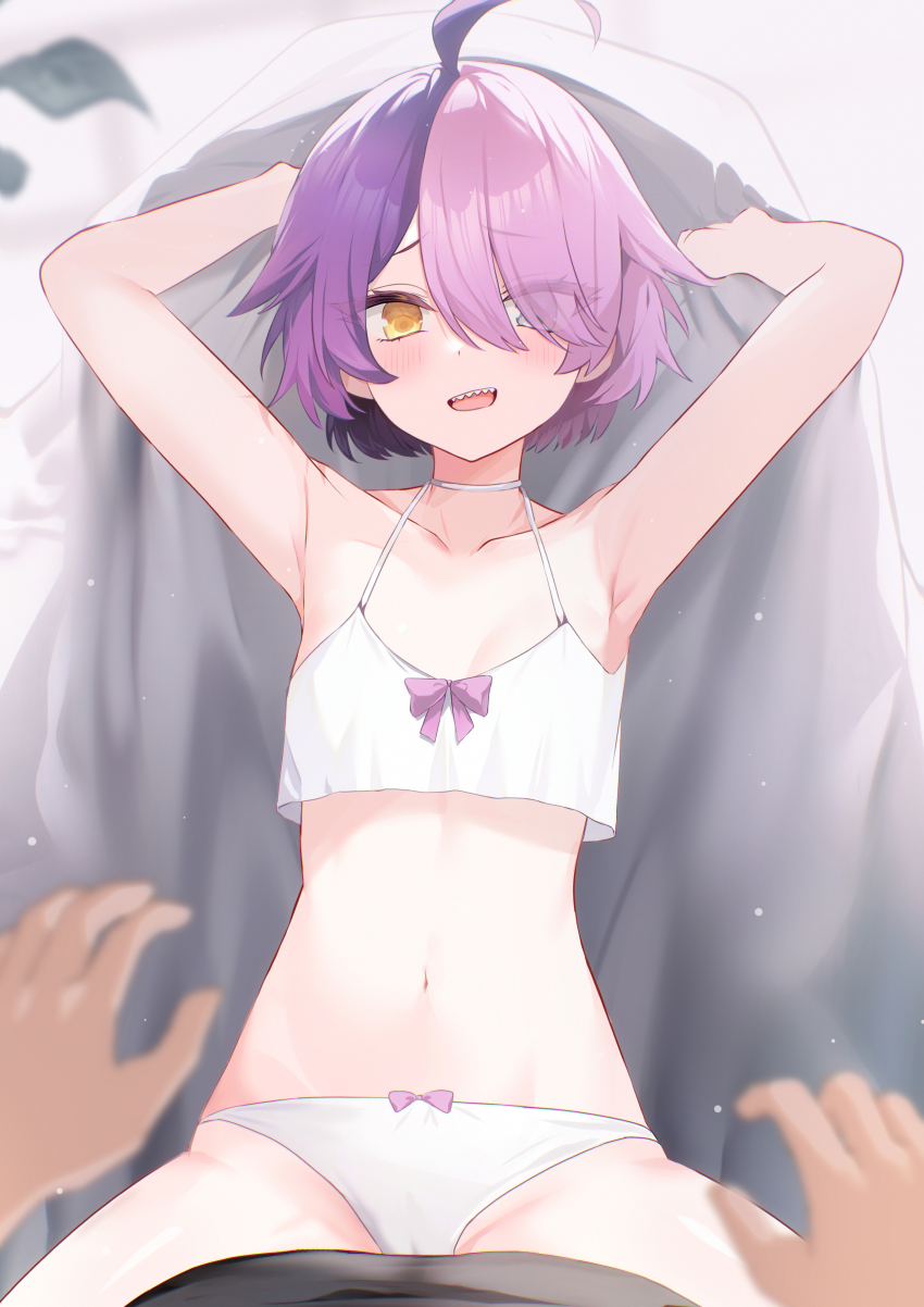 1boy, 1girl, absurdres, ahoge, arms_up, honkai_gakuen, blurry, blurry_background