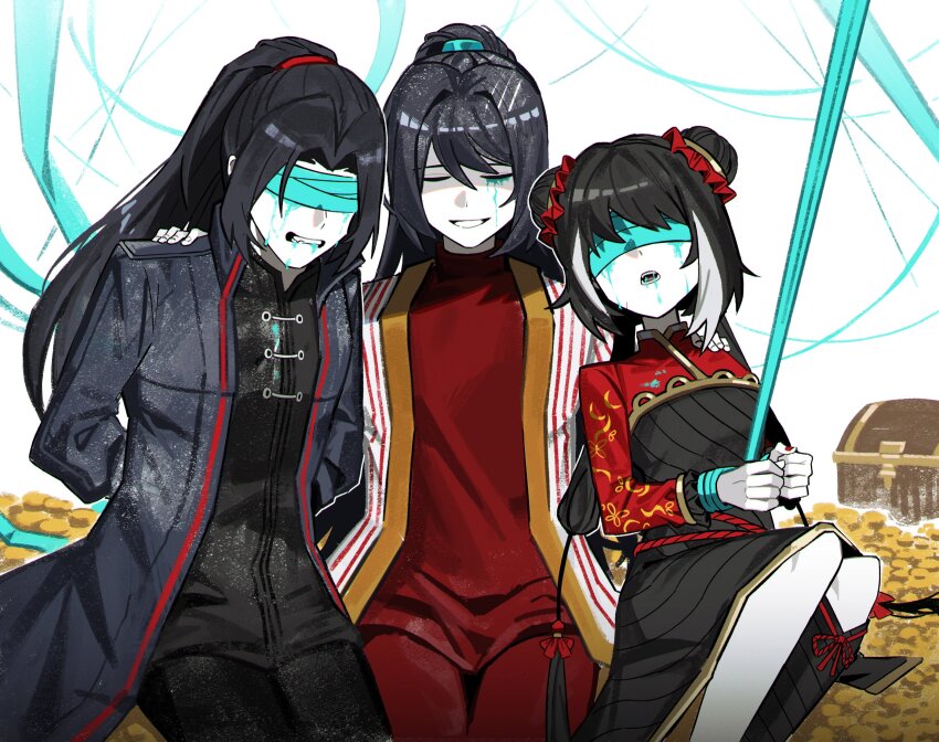 1girl, 2boys, aqua_blood, asdf1211950, black_coat, black_dress, black_hair, bound