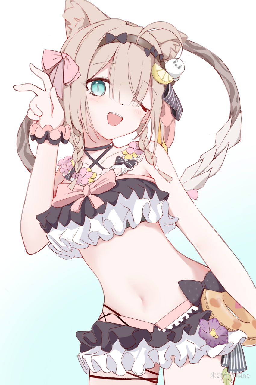 1girl, absurdres, animal_ears, bare_shoulders, bikini, black_bikini, black_hairband, braid