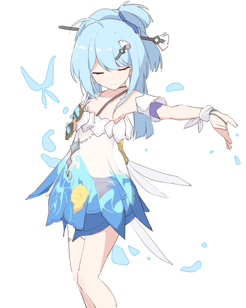 1girl, absurdres, bare_legs, bare_shoulders, blue_dress, blue_hair, bug, butterfly
