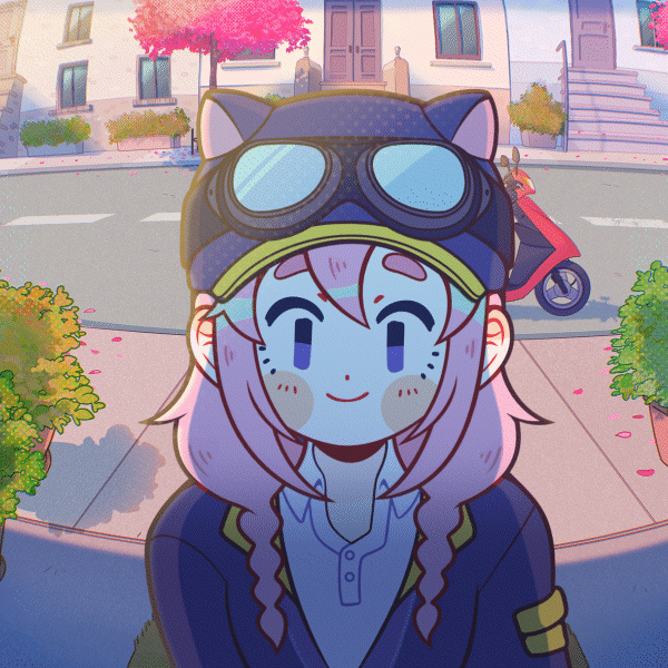 1girl, animal_hat, baseball_cap, blue_hat, blue_jacket, braid, building, cat_hat