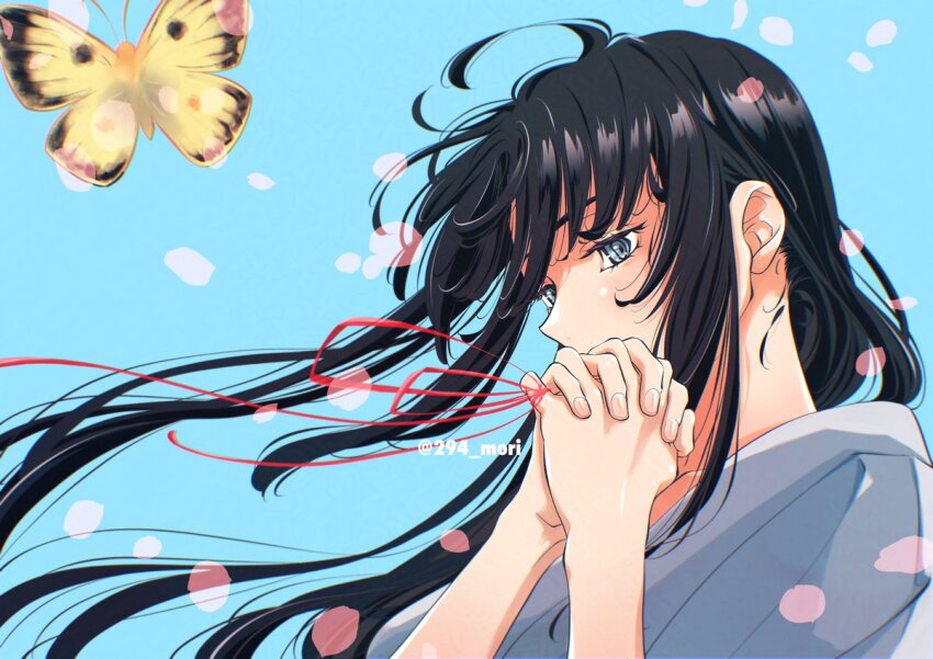 1girl, 294_mori, black_hair, blue_background, blue_eyes, blue_kimono, bug, butterfly, commentary_request, falling_petals, floating_hair, insect, interlocked_fingers, japanese_clothes, kamiya_kaoru, kimono, long_hair, own_hands_together, petals, pink_petals, rurouni_kenshin, sidelocks, solo, string, string_of_fate, twitter_username, upper_body