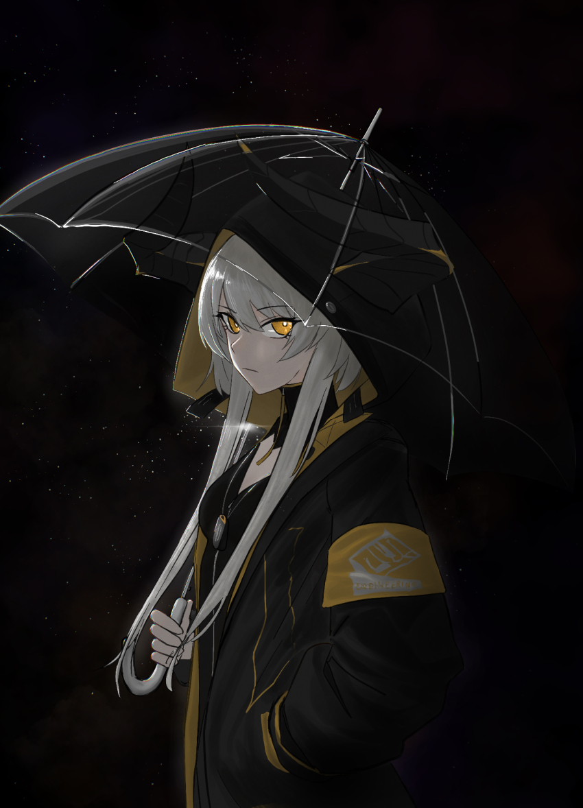 1girl, bell_(only-id_228), black_jacket, black_umbrella, closed_mouth, grey_hair, hand_in_pocket, highres