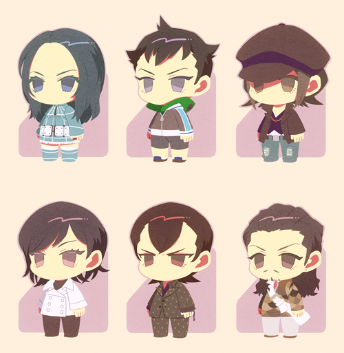 2girls, 4boys, belt, black_hair, black_hat, black_pants, black_shorts, boots