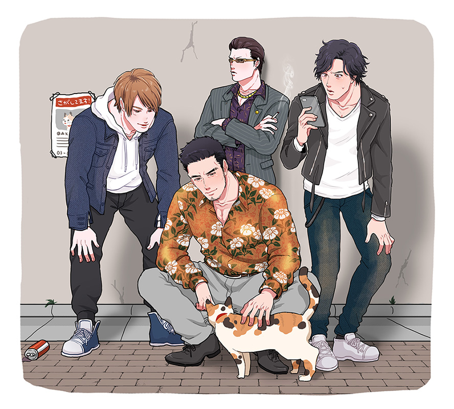 4boys, against_wall, animal, baggy_pants, beard_stubble, black_footwear, black_hair, black_jacket