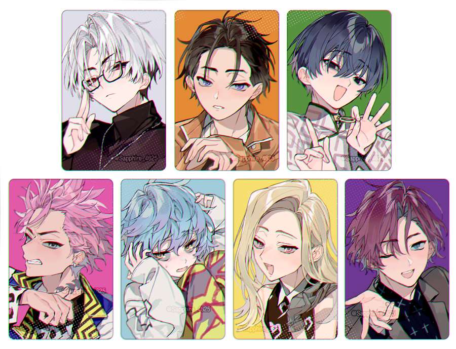 6+boys, black_eyes, black_sweater, blonde_hair, blue_hair, brown_hair, charisma_house, glasses