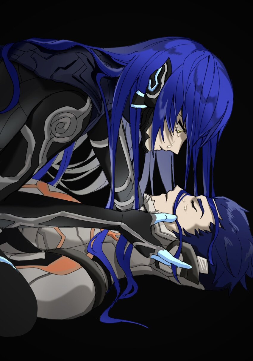 2boys, 9i9abyte, aogami_(megami_tensei), black_background, blue_hair, closed_eyes, commentary_request, crying, crying_with_eyes_open, dark_blue_hair, hair_slicked_back, hand_on_another's_face, highres, korean_commentary, long_hair, looking_at_another, lying, male_focus, multiple_boys, on_back, profile, protagonist_(aogami_nahobino)_(smtv), protagonist_(smtv), shin_megami_tensei, shin_megami_tensei_v, simple_background, streaming_tears, tears, upper_body, wide-eyed, yellow_eyes