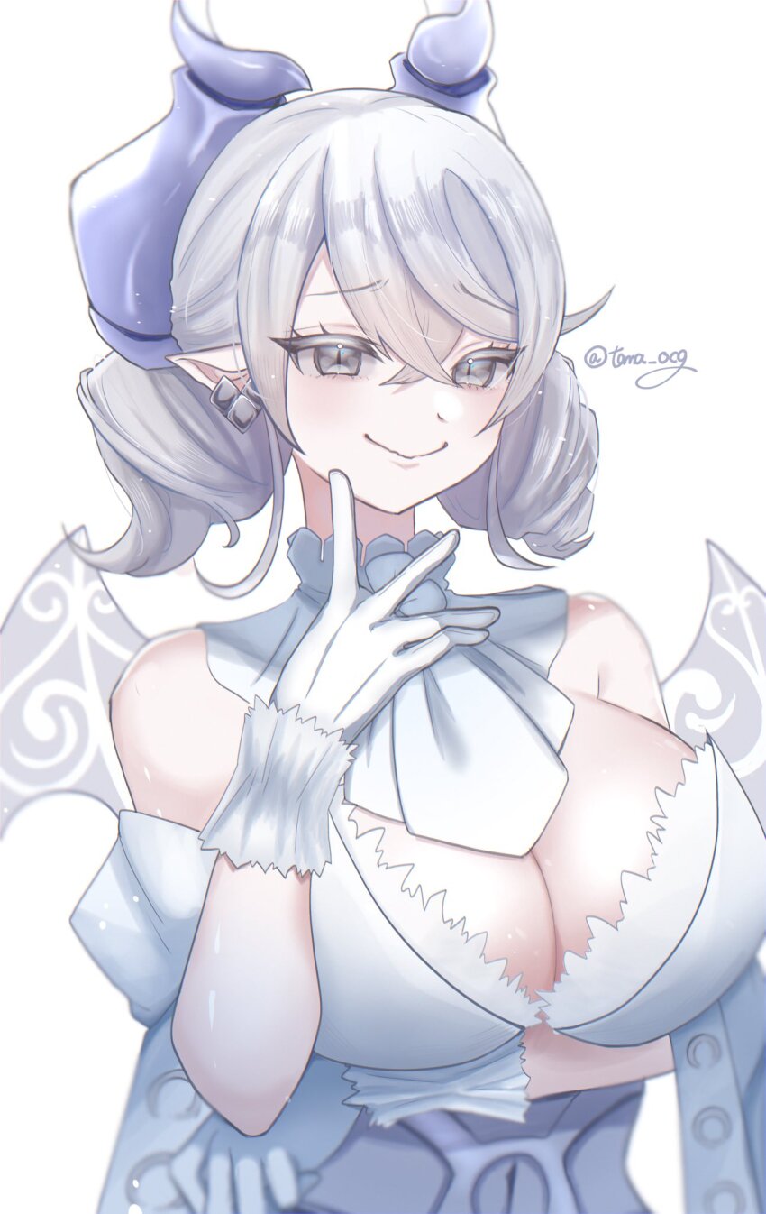 1girl, arm_up, bare_shoulders, breasts, demon_girl, demon_horns, demon_wings, dress