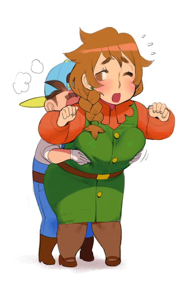 1boy, 1girl, backwards_hat, baseball_cap, black_pantyhose, blush, bokujou_monogatari, braid, brown_eyes, brown_hair, collared_shirt, conto, crossover, dress, earrings, flower, grabbing_another's_breast, grabbing_from_behind, green_dress, groping, hat, hetero, jewelry, marnie_(stardew_valley), one_eye_closed, orange_shirt, pantyhose, pencil_dress, pete_(bokujou_monogatari), shirt, simple_background, stardew_valley, white_background