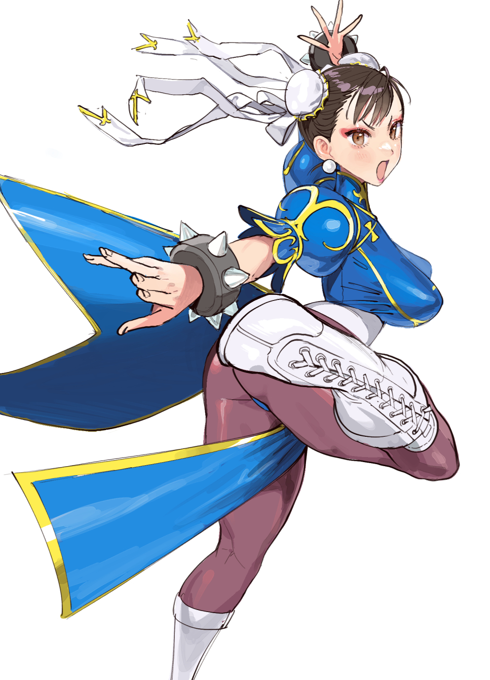 1girl, black_pantyhose, blue_dress, breasts, brown_eyes, brown_hair, bun_cover, capcom