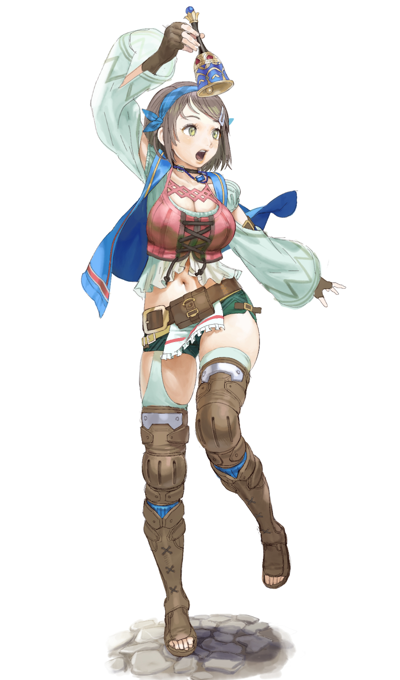 1girl, arm_up, bell, belt, belt_pouch, blonde_hair, boots, breasts