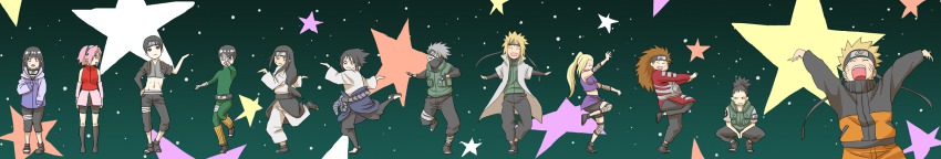 akimichi_chouji, cheek_swirl, facial_mark, haruno_sakura, hatake_kakashi, highres, hotmail18, hyuuga_hinata, hyuuga_neji, long_image, multiple_boys, multiple_girls, namikaze_minato, nara_shikamaru, naruto_(series), naruto_shippuuden, rock_lee, sai, star_(symbol), uchiha_sasuke, uzumaki_naruto, whisker_markings, wide_image, yamanaka_ino